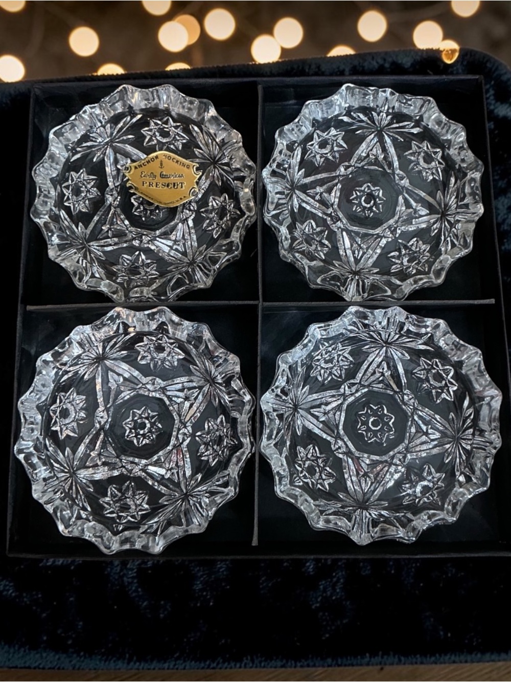 Set of 4 Vintage Anchor Hocking Clear Glass Prescut Ashtrays in Original Box
